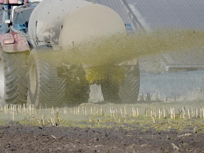 Ein Traktor versprüht Gülle auf einem Feld.