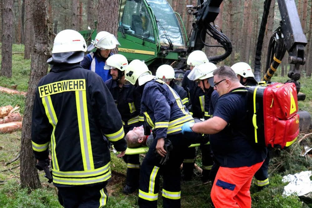 Der Verunglückte unter der Baumkrone ist befreit, erstversorgt und wird zum Rettungswagen getragen