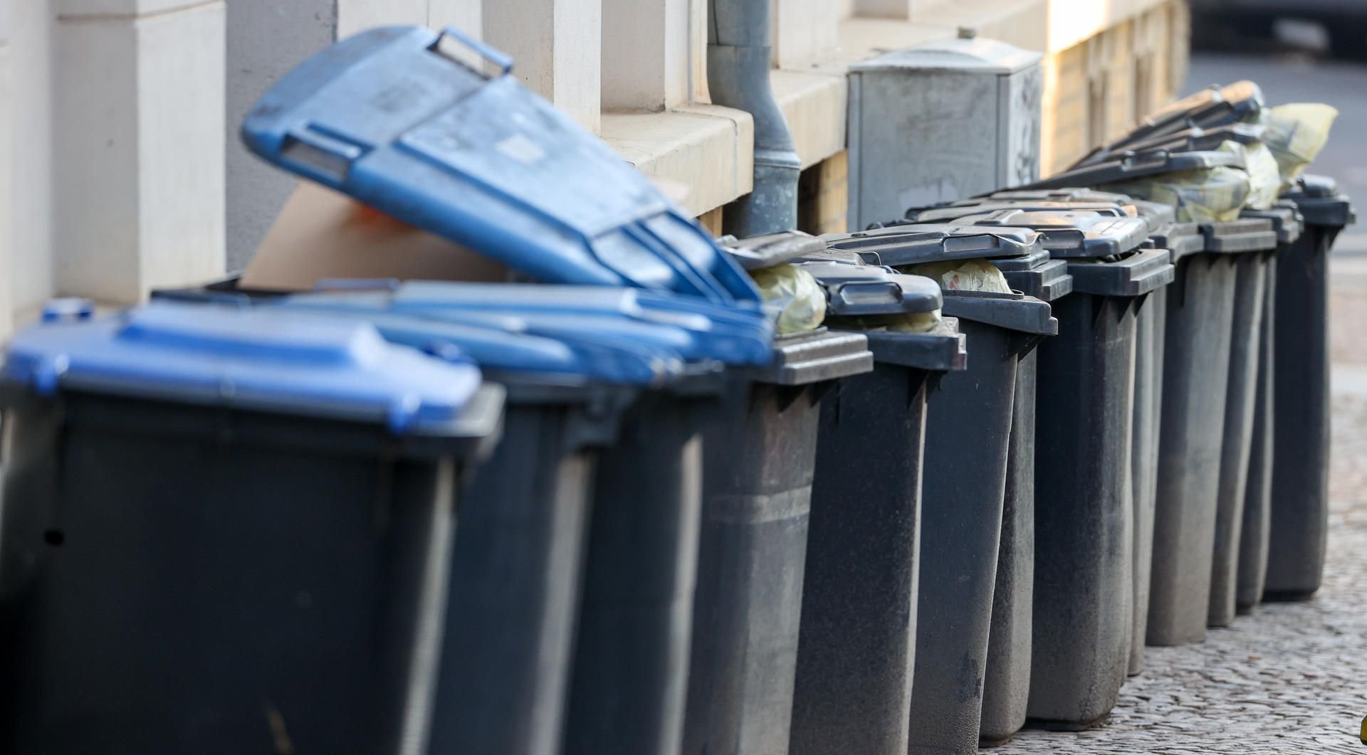 Volle Mülltonnen für Pappe und Papier sowie für Restmüll stehen an einer Hauswand. Die Gewerkschaft Verdi hat Beschäftigte in Entsorgungsunternehmen zu einem zweitägigen Warnstreik aufgerufen.