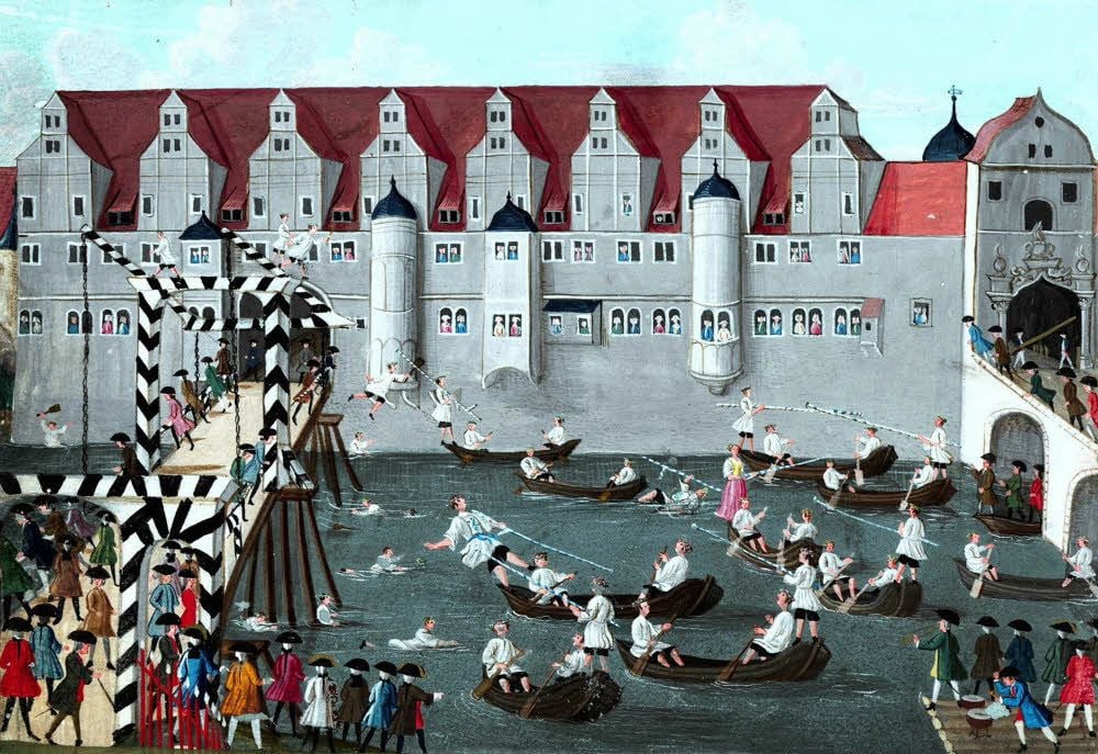 Hallorenspringen auf einem Gemälde von Peter Serré im Jahr 1748