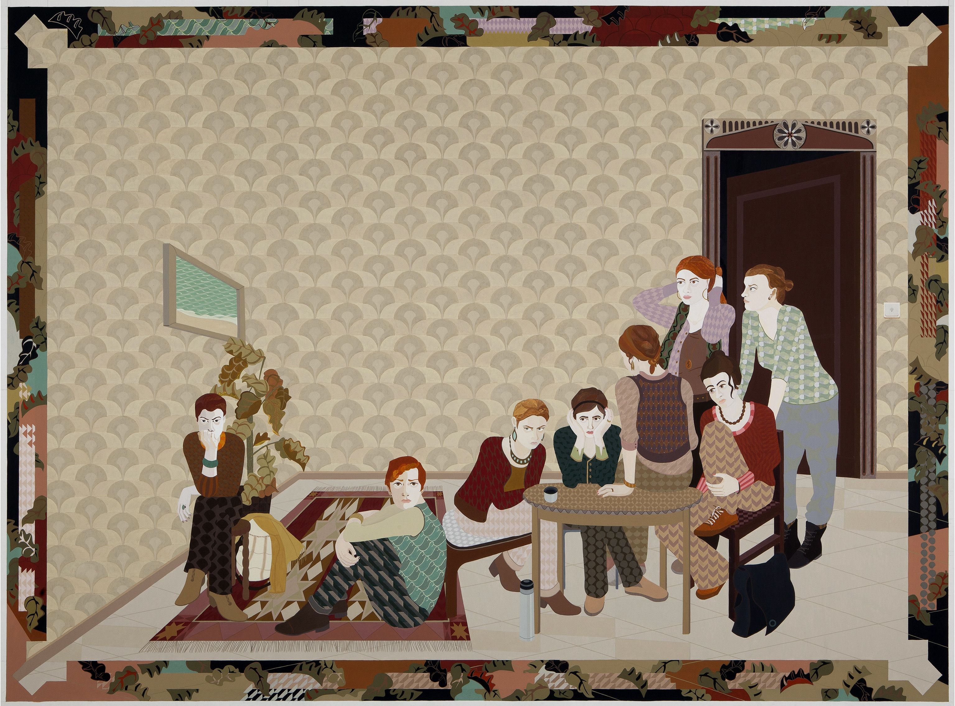 Gobelin „Worauf warten sie hier?“ (Gobelinkarton 2011) der Künstlerin Franziska Friese