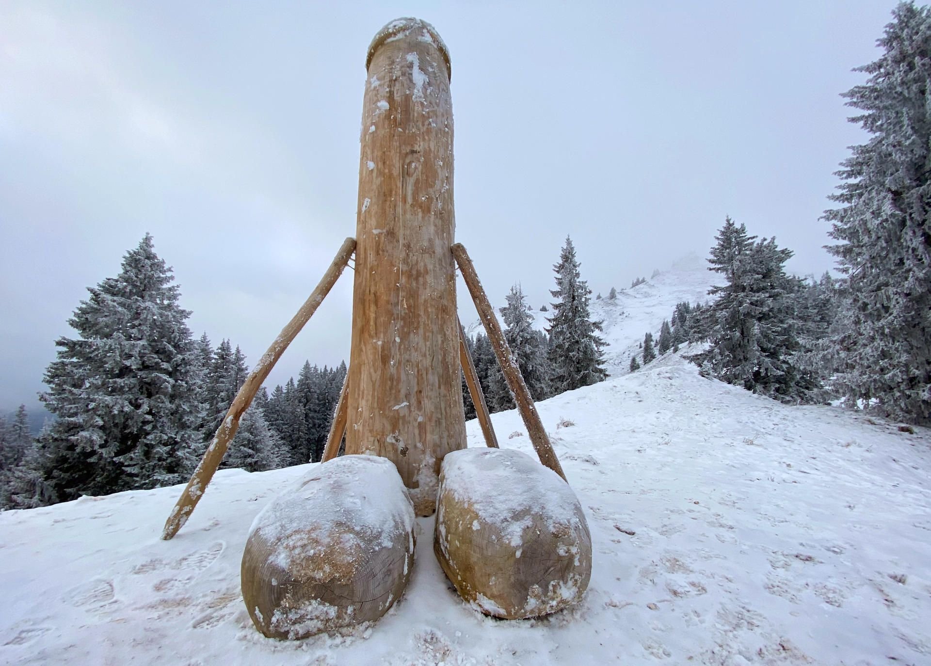 Eine etwa zwei Meter hohe Phallus-Skulptur aus Holz steht auf dem Berg Grünten.