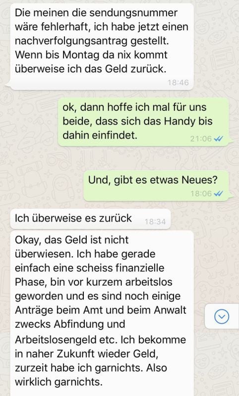 Beschwichtigen, hinhalten und lügen: Die Auszüge aus dem Chatverlauf zeigen, wie der Verkäufer den Käufer in Sicherheit wiegt - solange, bis er den Betrug nicht mehr verheimlichen kann.