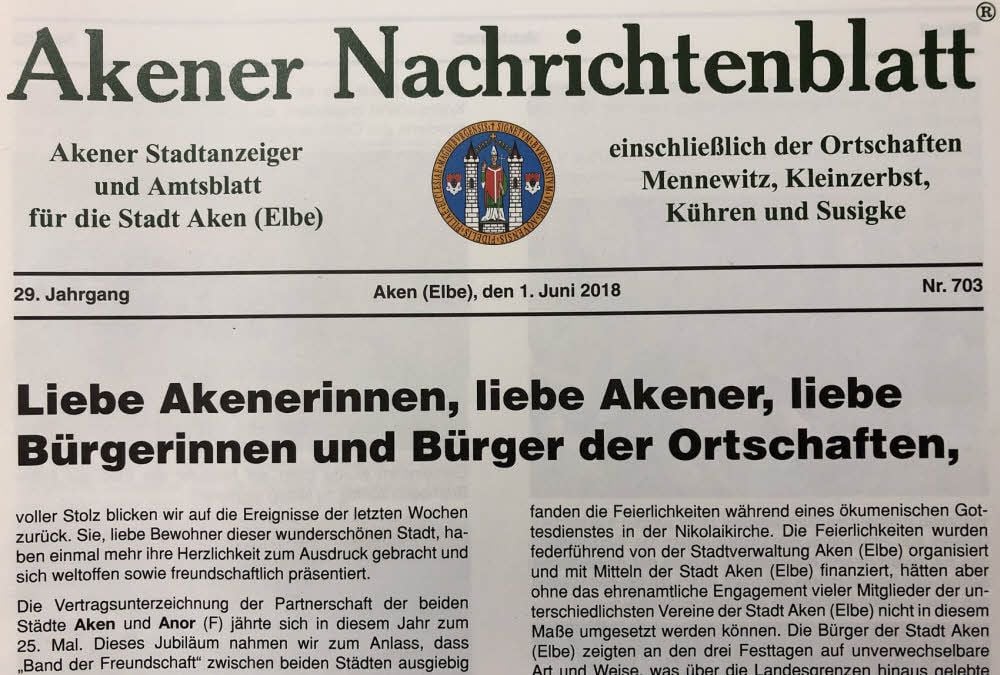 Das Akener Nachrichtenblatt, hier eine Juni-Ausgabe, wurde Ende 2018 eingestellt.