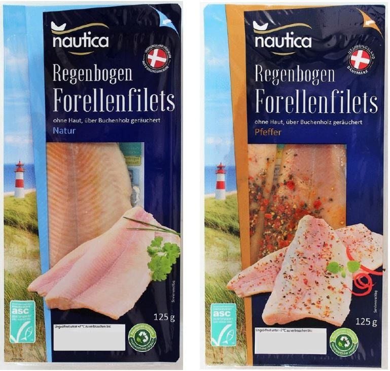 „Nautica Regenbogen Forellenfilets, 125g“ in den Sortierungen Natur und Pfeffer des Herstellers Agustson a/s