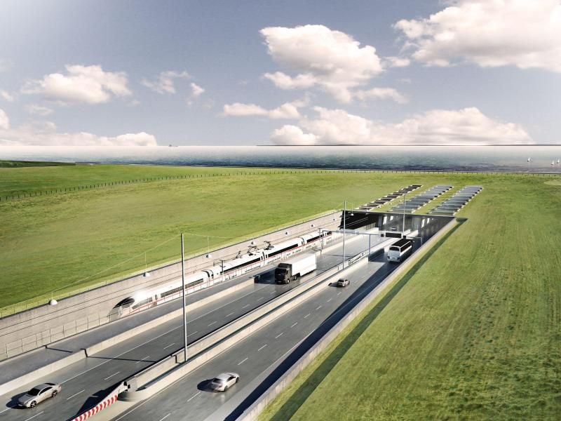 Eine Visualisierung des geplanten Fehmarnbelt-Tunnels zwischen Deutschland und Dänemark mit dem Tunneleingang auf dänischer Seite bei Rodbyhavn. Foto: ICONO A/S/Femern A/S/dpa