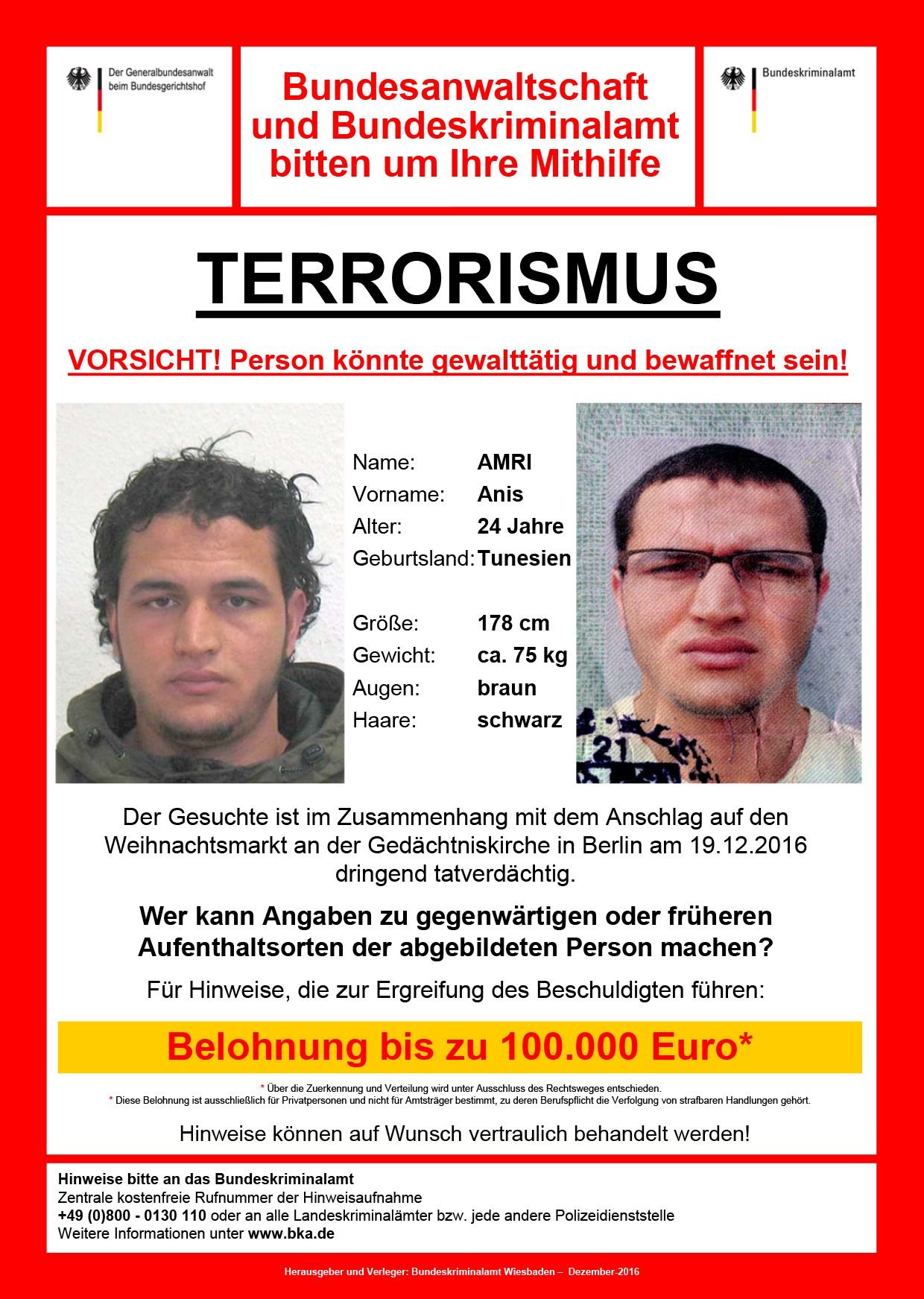 Fahndungsplakat des BKA nach Anis Amri