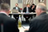 Sachsen Anhalts AfD-Landeschef André Poggenburg (m) und Daniel Roi (l.), parlamentarischer Geschäftsführer der AfD-Fraktion im Fraktionszimmer der AfD im Landtag in Magdeburg.