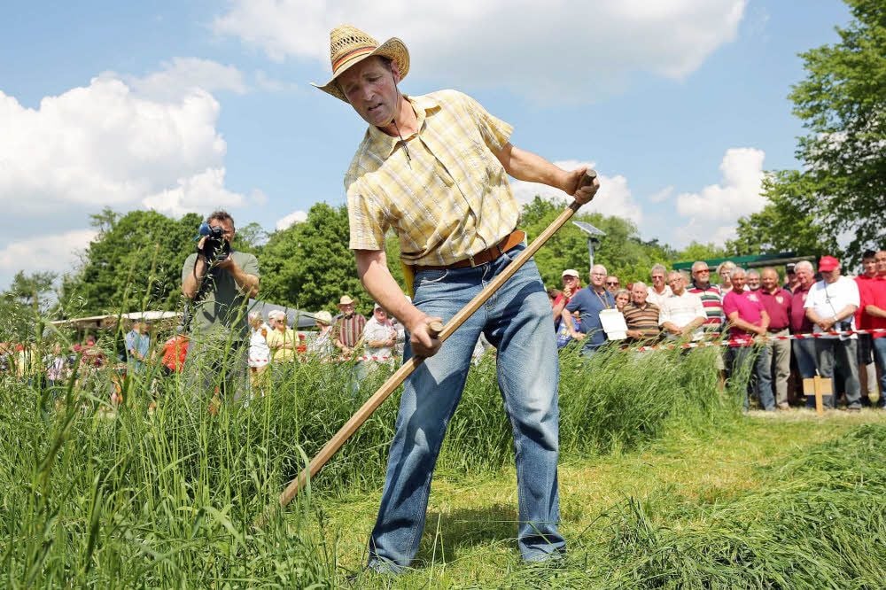 Zuschauer feuern am Sonntag ihren Meisdorfer Lokalmatadoren Reinhard Bischof während der Schnittermeisterschaften an.