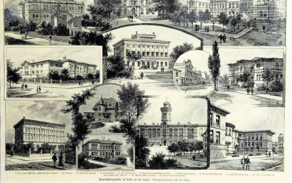 Eine Zeichnung aus dem Jahr 1894 zeigt die Universitätsgebäude des 19. Jahrhunderts. Von oben links im Uhrzeigersinn nach unten rechts: Frauenklinik, Hauptgebäude, landwirtschaftliches Institut, Medizinische Klinik, Universitätsbibliothek, Inspektor-Wohnung, Pathologie, Physikalisches Institut, Augenklinik.