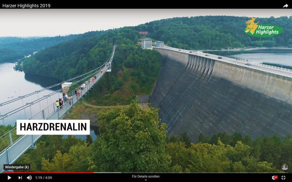 Eine Szene aus dem neuen Imagefilm zeigt die Seilhängebrücke Harzdrenalin an der Rappbode-Talsperre.