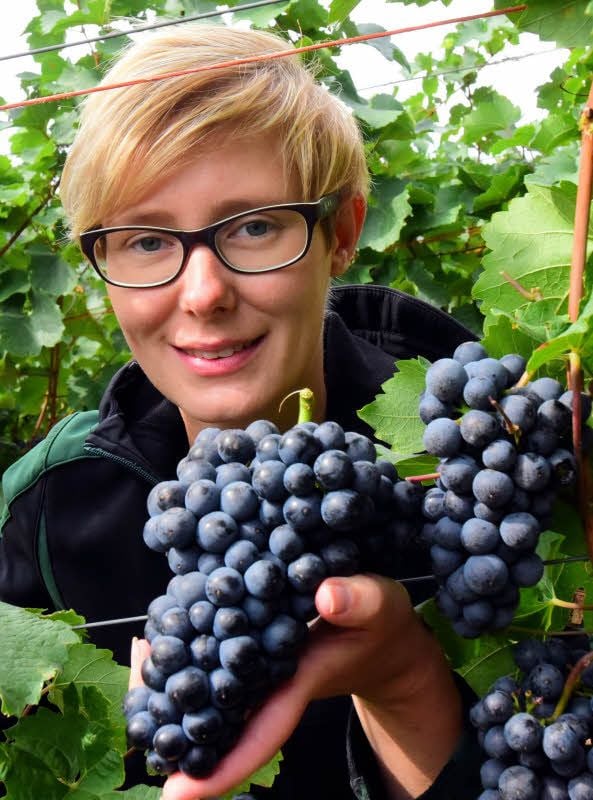 Kellermeisterin Kathleen Romberg begutachtet den Rotwein.