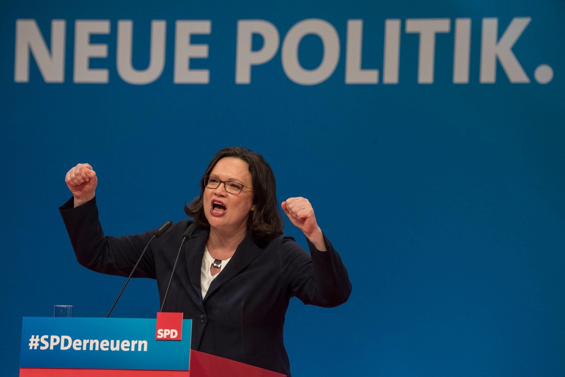 Andrea Nahles bei ihrer Rede auf dem Bundesparteitag der SPD in Wiesbaden.