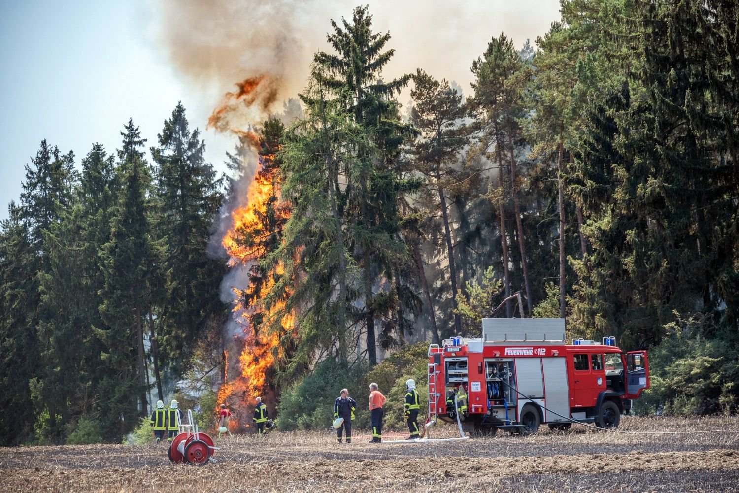 Die Freiwilligen Feuerwehren Kranichfeld und Hohenfelden sind bei einem Waldbrand zwischen Kranichfeld und Ritterdorf im Einsatz.