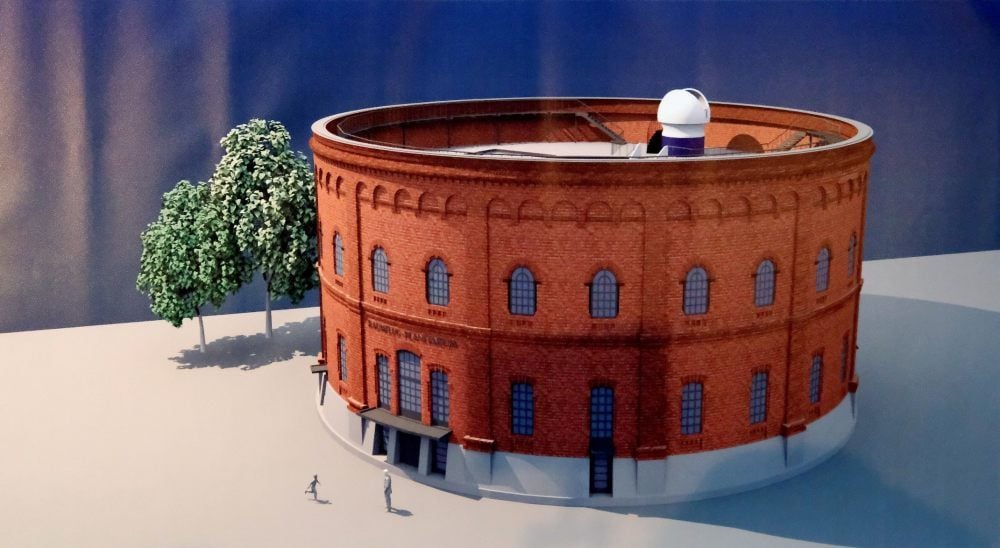 Die Darstellung zeigt die künftige Gestaltung des Planetariums. Oben thront die Sternenwarte mit einem Hochleistungsteleskop.