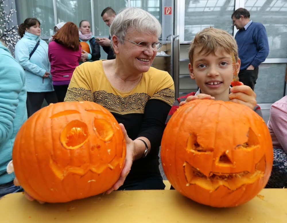 Theodor ist mit Oma Monika Mieth aus Ritteburg extra wegen der Kürbisschnitzerei ins Rosarium gekommen.