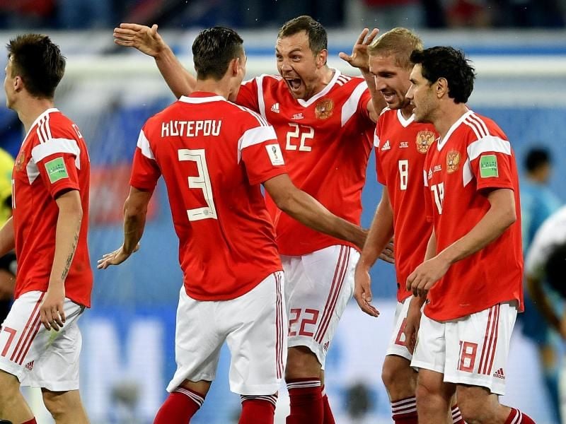 Gastgeber Russland hatte bei der WM bereits achtmal Grund für den Torjubel. Foto: Martin Meissner/AP