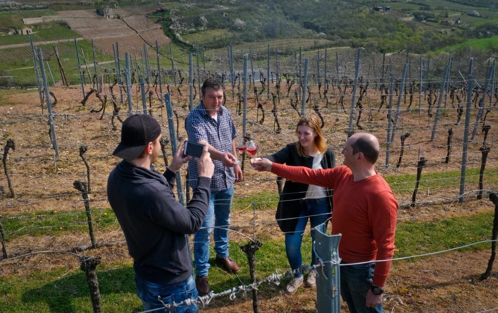 Jan Häßler, Marie Luise Herboldt und Falko Herboldt (v. l.) stoßen im Weinberg mit einem Gläschen Rosé an. Gefilmt wird die Szene von Frank Brahmann.