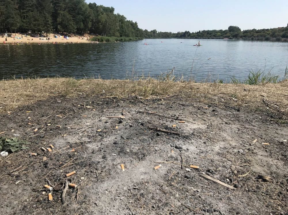 Eine große Fläche Gras ist verbrannt: In der Nähe des Heidebades wurde gegrillt. Außerdem liegen viele Zigarettenstummel auf der Fläche.