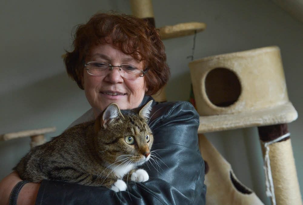 Evelyn Schwerdtfeger, Vorsitzende der Tierhilfe Köthen, mit einer herrenlosen Katze