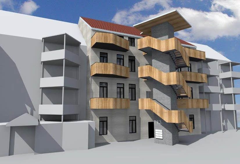 Die Simulation zeigt die Rückseite der Burgstraße 13. Das Haus bekommt ein außenliegendes Treppenhaus nebst Fahrstuhl.