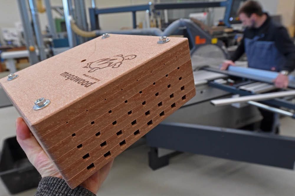 Für den Test wurden Megawood-Platten mit unterschiedlich großen Nuten versehen und verschraubt. Werden die Bienen sie annehmen?