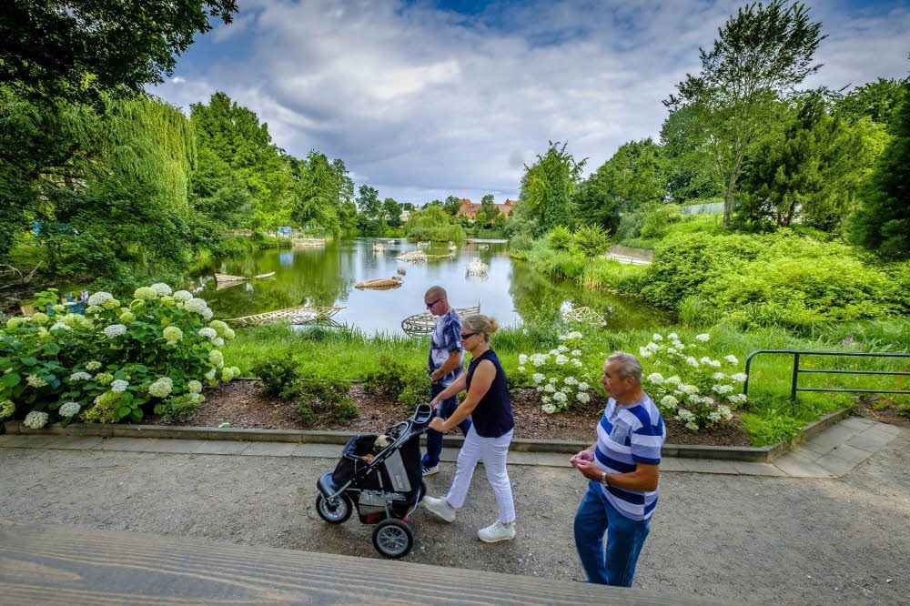 Im Wittenberger Schwanenteich schwimmen derzeit kunstvoll geflochtene Boote, die die Flucht übers Mittelmeer symbolisieren sollen.