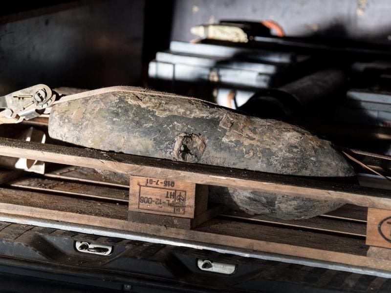 Die entschärfte Fliegerbombe aus dem Zweiten Weltkrieg. Foto: Fabian Sommer