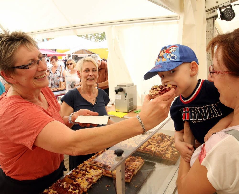 Mehr als Tausend Pflaumenkuchen verkaufte Sabine Rochow (links) in Plötzkau.