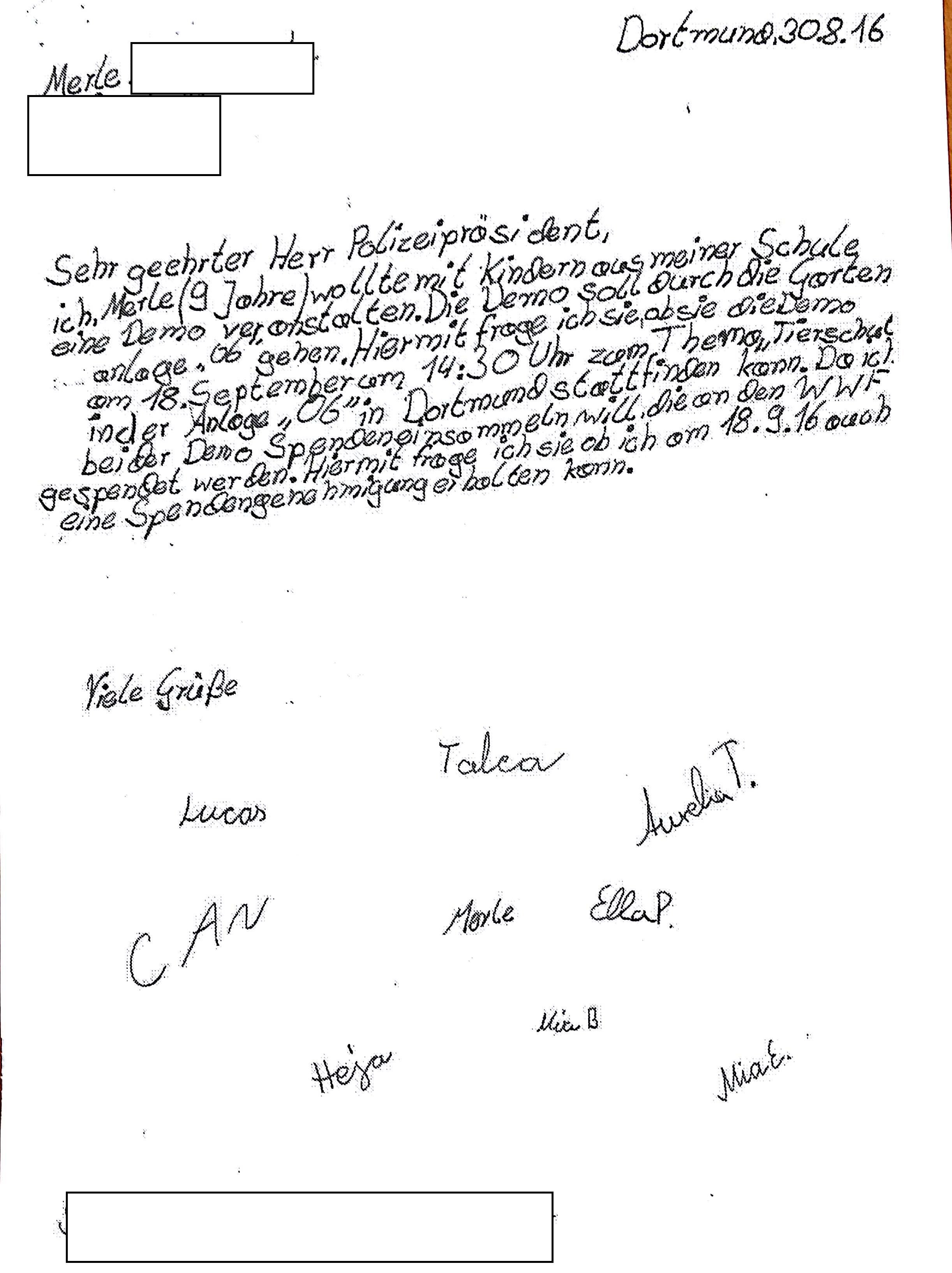 Diesen Brief erhielt die Dortmunder Polizei von der neunjährigen Merle.