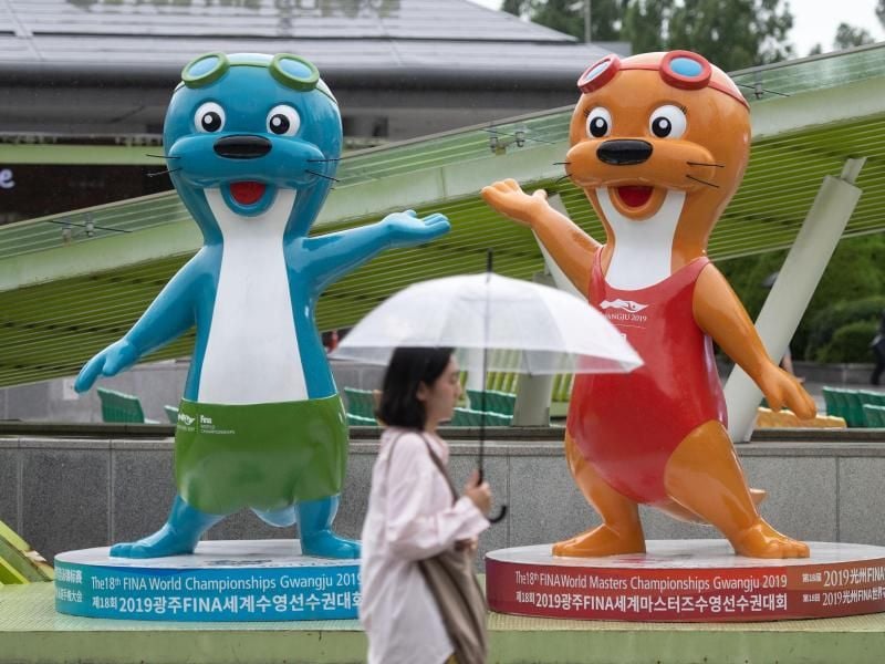 Zwei Otter sind die Maskottchen der Schwimm-WM im südkoreanischen Gwangju. Foto: Bernd Thissen