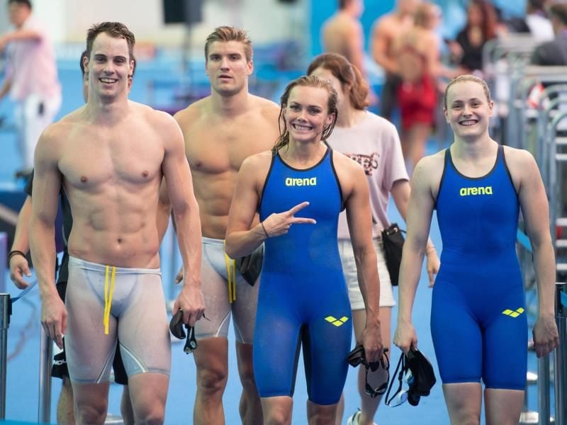 Sie haben das Olympia-Ticket geholt: Fabian Schwingenschlögl (l-r), Marius Kusch, Jessica Steiger und Laura Riedemann. Foto: Bernd Thissen