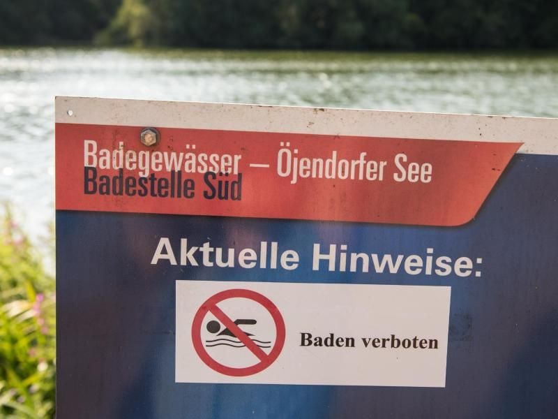Schild „Baden verboten” am Öjendorfer See. Foto: Daniel Bockwoldt/Archiv