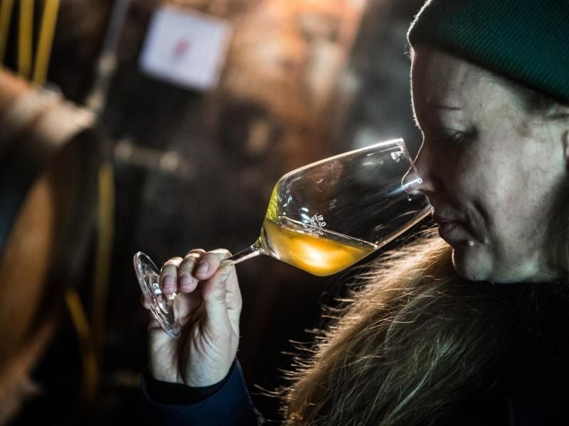 Als sie das Weingut ihres Vaters in Biebelnheim (Kreis Alzey-Worms) übernahm, legte Hanneke Schönhals 2016 ihren ersten Orange-Wein in ein Barrique-Fass. Foto: Andreas Arnold/dpa