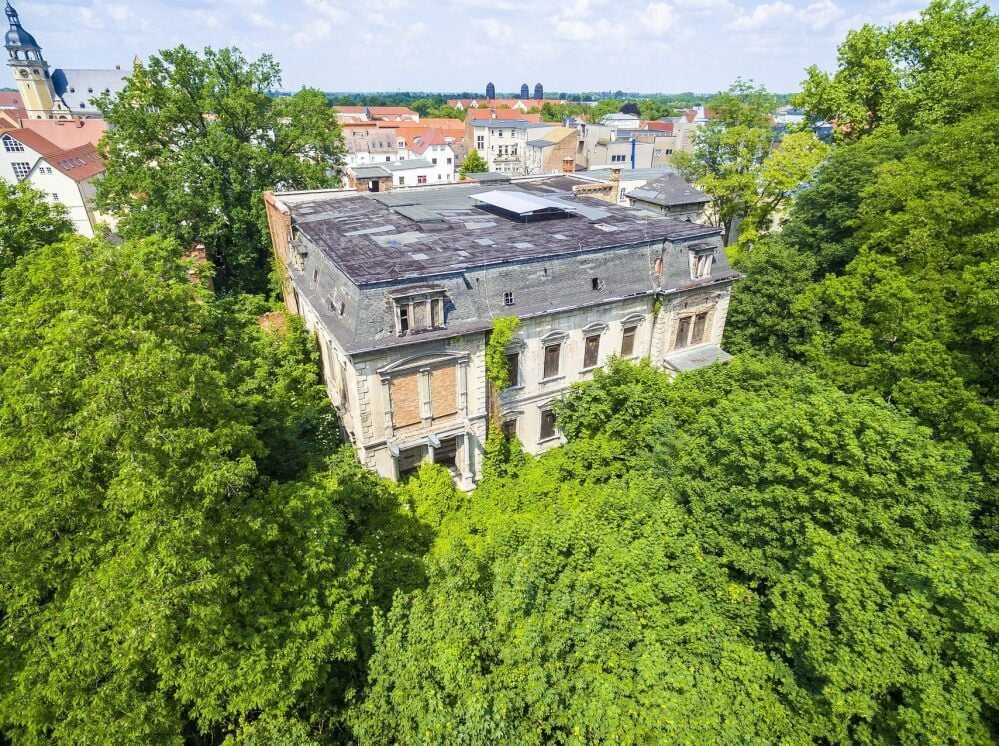 Blick aus der Höhe auf das Teerdach der Wittigschen Villa, das einem Flickenteppich gleicht und nicht ausreichend Schutz vor Wasser bietet.