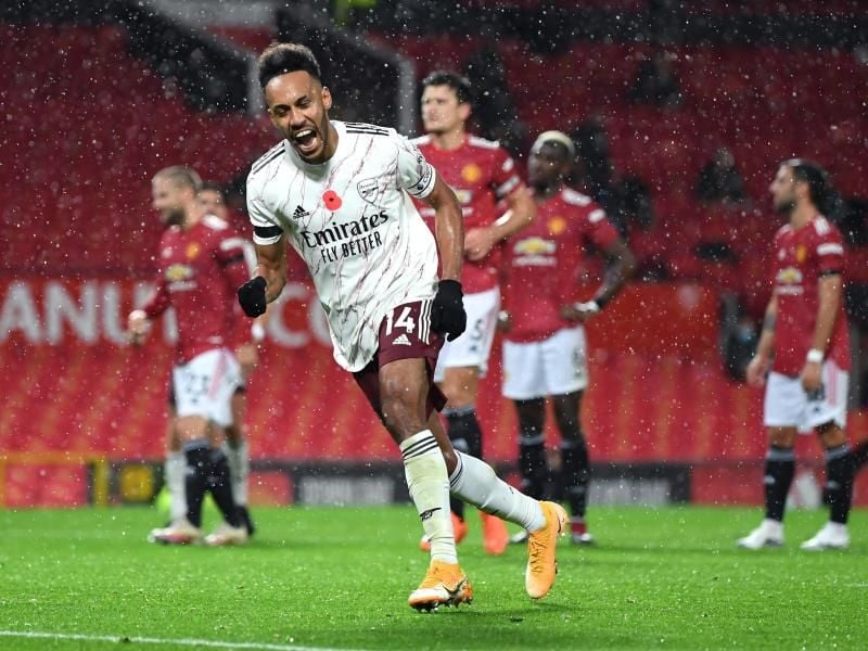 Arsenals Pierre-Emerick Aubameyang feiert sein Tor zum 0:1 bei Manchester United. Foto: Shaun Botterill/PA Wire/dpa