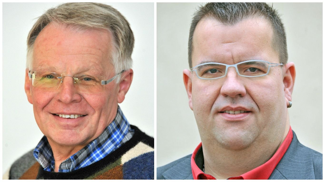 Linke-Fraktionschef Werner Rauball (links) unterstützt im Rennen um das Amt des Oberbürgermeisters in Biterfeld-Wolfen, nicht den Spitzenkandidaten Marko Roye (rechts).