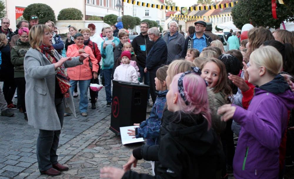 Max-Lingner-Grundschüler (die Klassen drei und vier plus die Arbeitsgemeinschaft Chor und Tanz) unter Leitung von Benita Junge erfreuten die Erlebniseinkäufer in Jessens Langer Straße mit einem klingenden Herbstprogramm.
