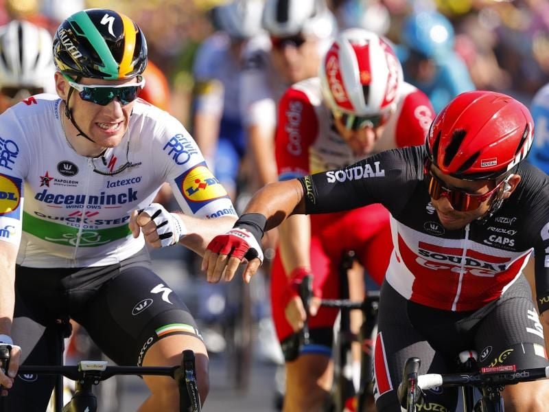 Sam Bennett (l) und Caleb Ewan (r) sind die Favoriten für den Tagessieg der 11. Etappe. Foto: -/Belga Pool/dpa