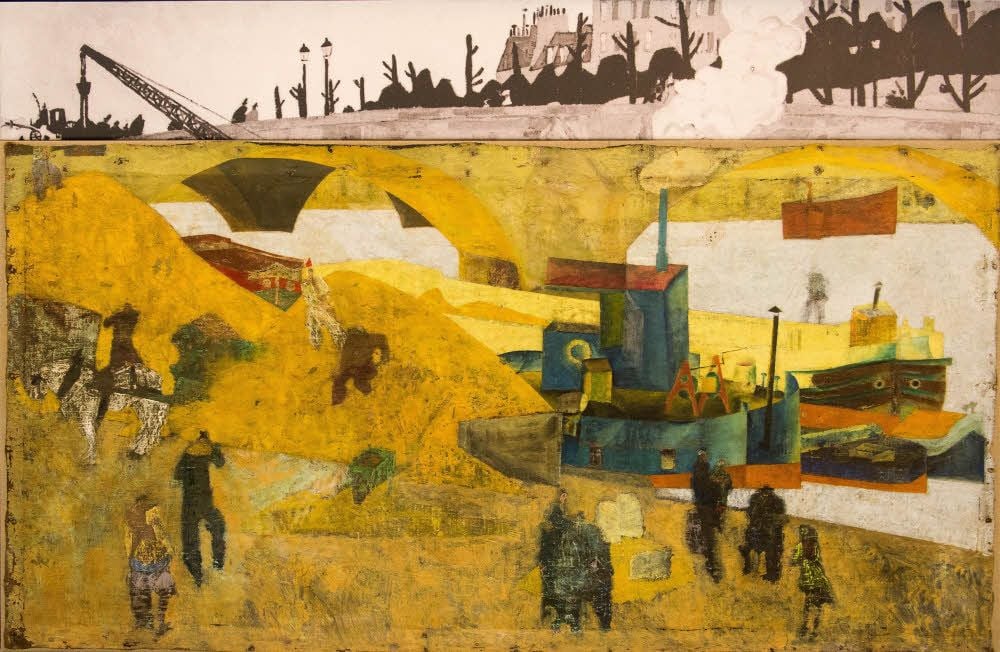 Unvollendetes Feininger-Werk „An der Seine, Paris“, an dem der Maler von 1912 an arbeitete. Der obere Bildstreifen ist rekonstruiert.