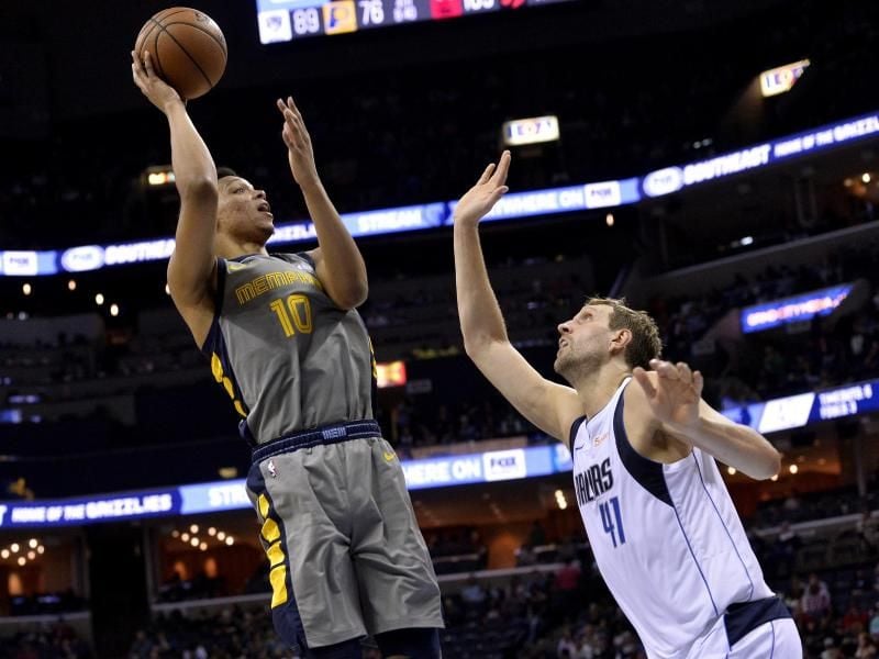 Dirk Nowitzki (r) verteidigt gegen Ivan Rabb (l) von den Memphis Grizzlies. Foto: Brandon Dill/AP/dpa