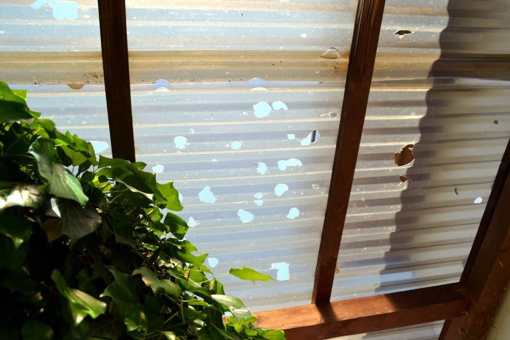 In das Kunststoff-Dach des Wintergartens hat der Hagel Löcher fast so groß wie Tischtennisbälle geschlagen.