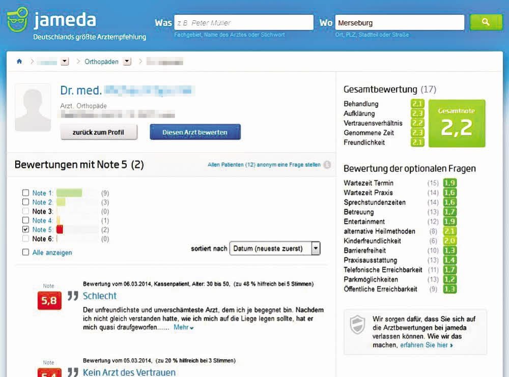 In dem Portal kann man Ärzte mit Schulnoten bewerten.