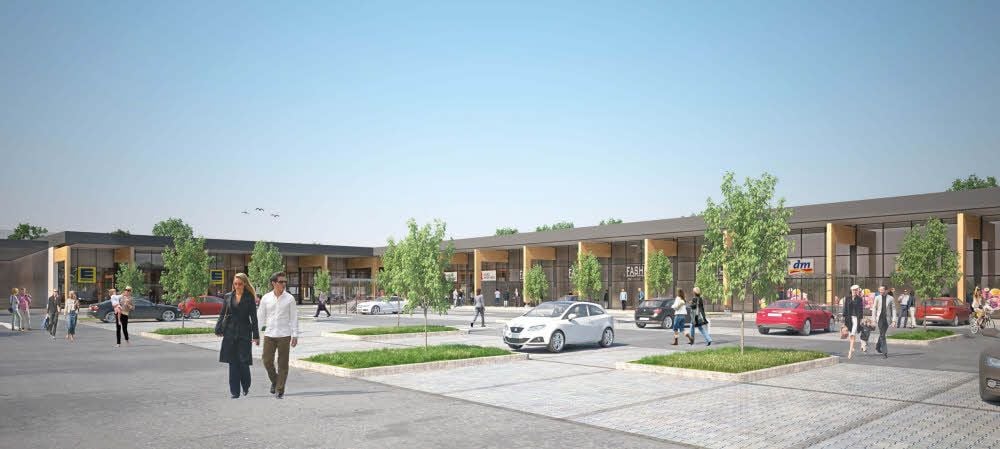 So sieht der Entwurf für das Einkaufszentrum am Treff aus. Die Arbeietn für die Bauarbeiten ruhen derzeut aber.