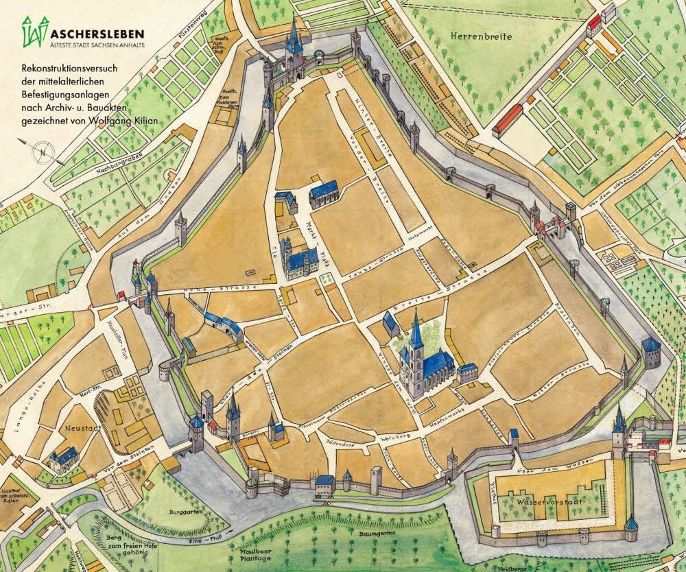 Rekonstruktionsversuch der Ascherslebener mittelalterlichen Befestigungsanlagen nach Archiv- und Bauakten.  Quelle: Stadt Aschersleben