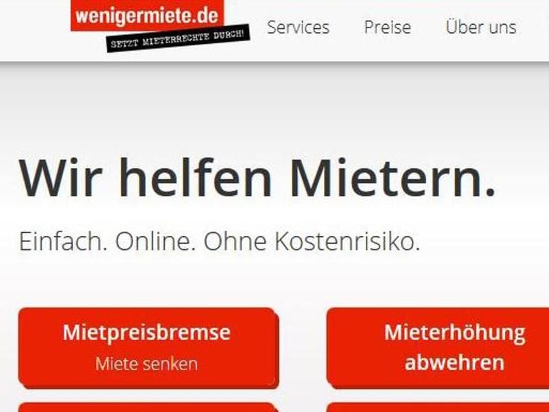 Ein Teil der Internetseite Wenigermieten.de. Können Mieter im Streit mit ihren Vermietern weiter auf Internet-Dienstleister wie Wenigermiete.de zurückgreifen?. Foto: Str/dpa