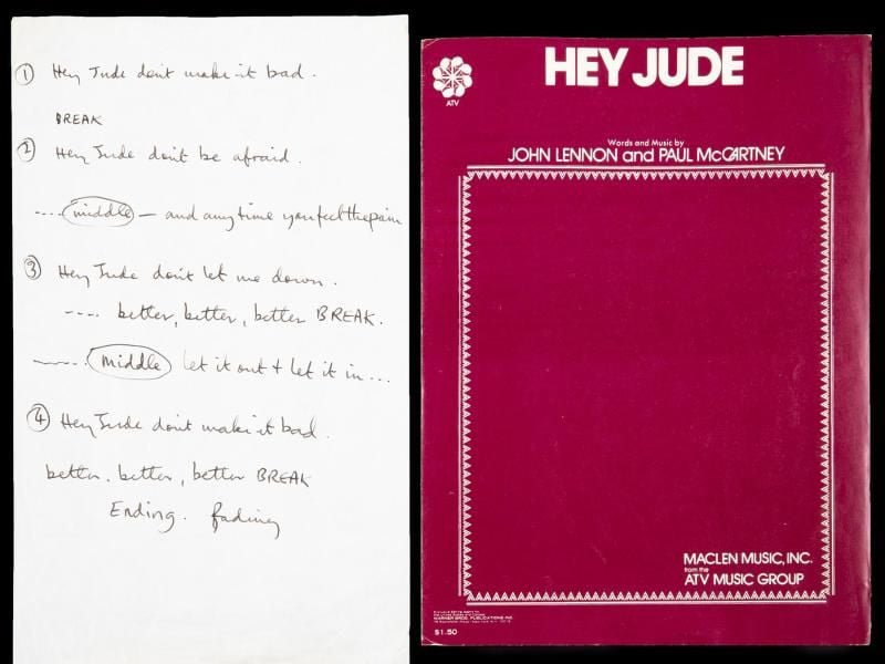 Der Liedtext für den Beatles-Hit „Hey Jude”, der von Paul McCartney handgeschrieben wurde. Foto: Julien's Auctions/dpa