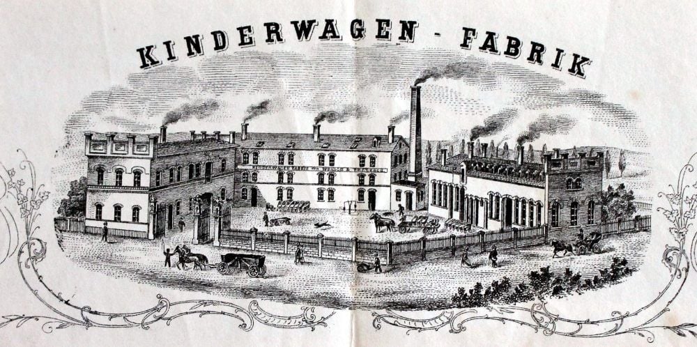 Um 1880 zierte diese Ansicht des Werksgeländes den Briefkopf des erfolgreichen Kinderwagenbauers „Wünsch und Pretzsch“ am Schützenplatz.