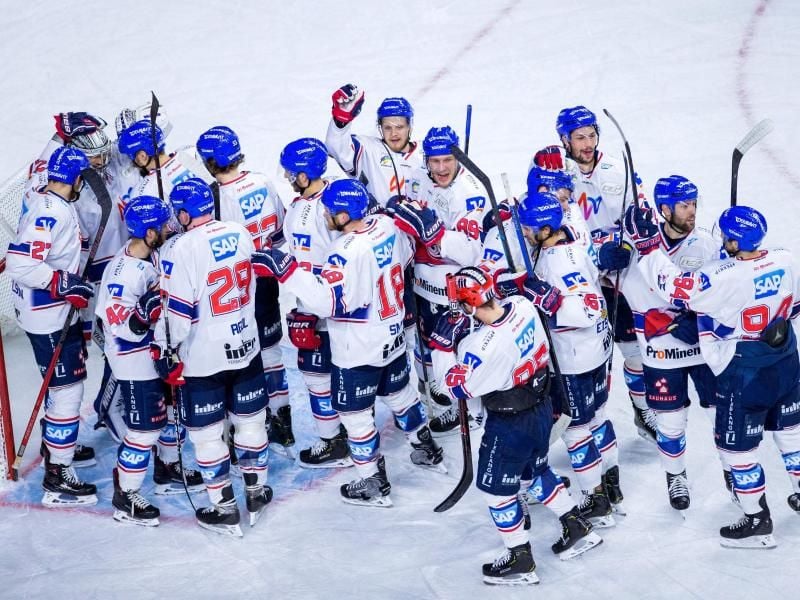 Die Spieler der Adler Mannheim feiern den Einzug ins DEL-Finale. Foto: Rolf Vennenbernd