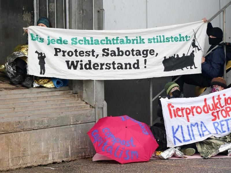 Aktivisten haben sich auf dem Schlachthof Thomson an einer Verladerampe angekettet. Foto: Bodo Marks/dpa